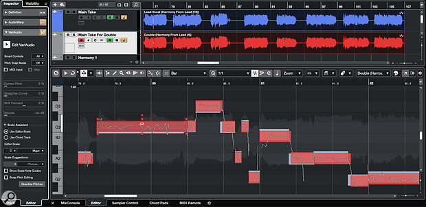 It’s really easy to see the minor pitch differences between the lead and double vocal Segments: the red ones are those currently being edited.