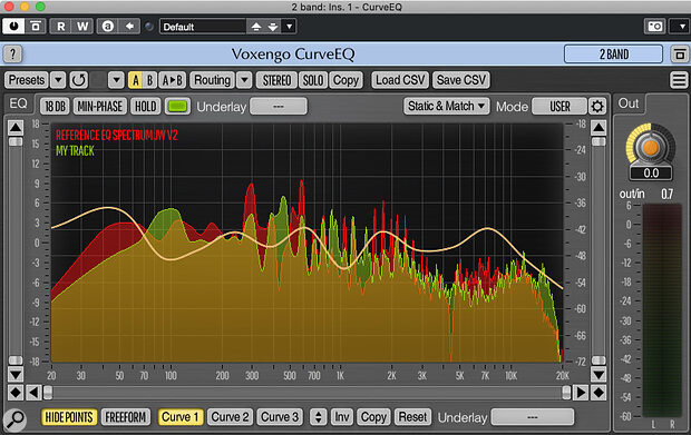 Voxengo’s CurveEQ plug‑in, bundled with Cubase Pro, allows you to compare the EQ spectrum of your mix with that of a reference track.