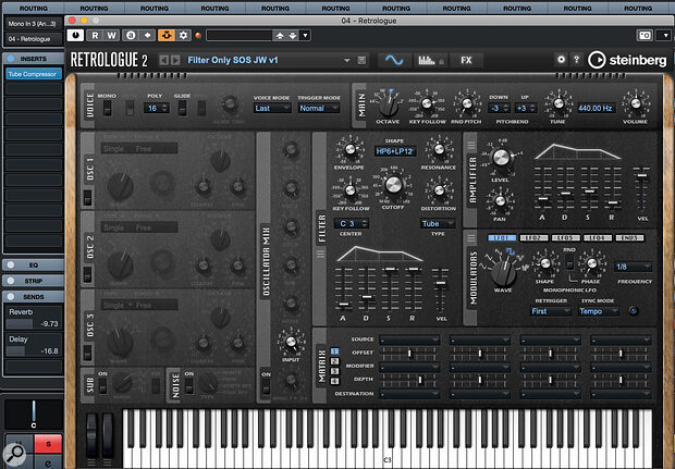 My audio input track has been routed (top left of the screen) directly to Retrologue’s side‑chain input, so that I can apply the synth’s filter and effects processing to the sound.