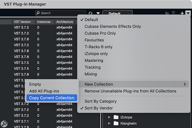 The drop‑down menu located top right lets you create new plug‑in collections and instantly switch between any of the existing collections.