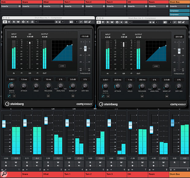 With two instances of Compressor on your drum bus, you can both tame transients and add some extra punch, without losing the natural sound of the kit.