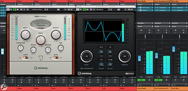 If you want to move beyond a natural sound, parallel processing of the kick, snare and tom mics can be used to dial in some additional grit without making your cymbals suffer.