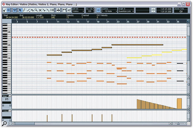 The Key Editor offers many improvements in SX 2, especially when it comes to displaying multiple Parts — and the pitch of notes is also displayed inside each note Event if there's sufficient vertical resolution.