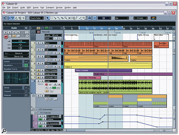 The Project window in SX 2 is functionally similar to the previous version, while presenting quite a radical visual change. Note the new Inspector Sections to the right, the Marker Track in the upper part of the Track List Divide, and the FX Channels at the bottom of the window.