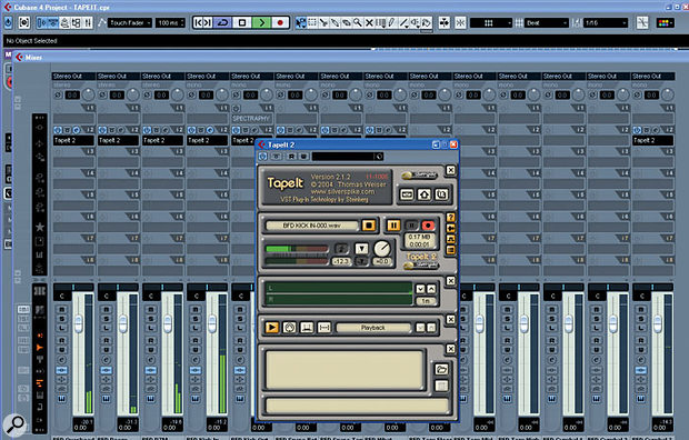 In this example, I am using Silverspike's Tape It 2 to simultaneously export several channels of audio from FXpansion's BFD virtual drummer. Tape It 2 writes the files directly to your hard drive and avoids the need for repeated use of the Export Audio function in Cubase.