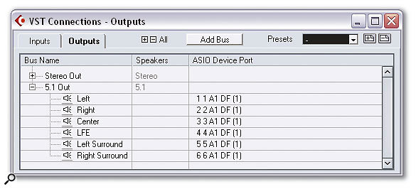 The VST Connections window enables you to set up Input and Output (pictured) busses for routing VST mixer channels to and from your physical audio hardware.