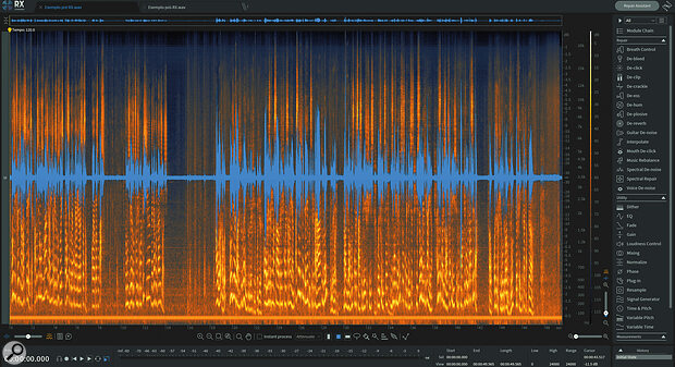 Post‑production ‘cleaning’ of recordings is important. These RX10 spectrograms show dialogue captured on a lavalier mic for Eu Sou Você before (above) and after (below) processing — notice how Rogério has removed some electric hum, which has a fundamental frequency at 50 or 60 Hz with harmonics above that.