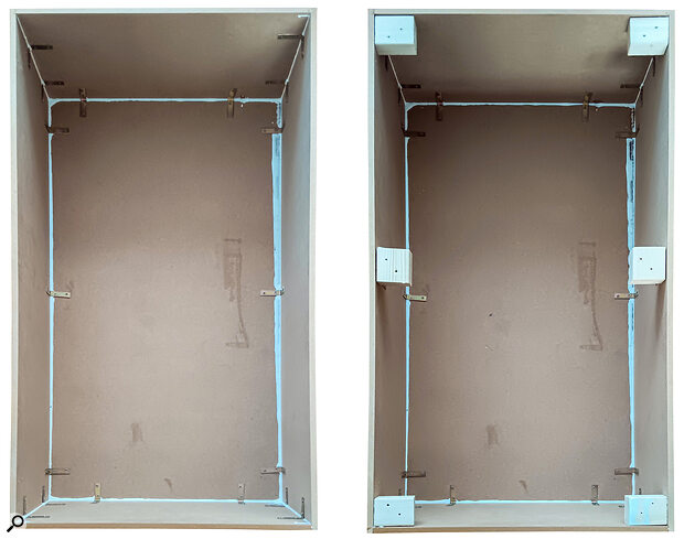 Step 1 (left): Start by constructing the MDF backing box, and sealing the joints with wood glue. Step 2 (right): Add blocks of wood onto which you can screw the top panel.