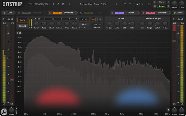 It’s not just the EQ section that makes use of the main graph display in the centre: tweak the high and low filters of, say, the gate or Transients sections, and their turnover frequencies are displayed there, while the harmonic enhancers appear as a sort of heat map.