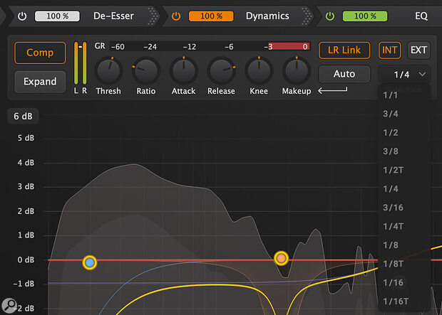 The Dynamics section can be a compressor or expander and as well as reacting to the internal or external side‑chain, it can be set to react to pulses on beat subdivisions: instant pumping effects!