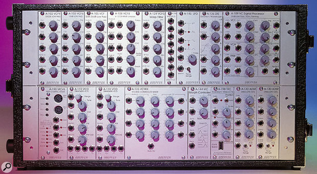 The Doepfer modular system supplied for this review. The Multiple and LFO modules in the top row of the system and the two VCOs and two ADSRs in the bottom row have already been reviewed by SOS, but were supplied so that we had a self-contained modular system to work with.