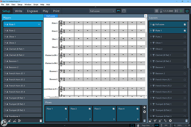 Setup mode is where you manage Players, Flows and Layouts. Here’s what it looks like after starting a new project with the Concert orchestra template.