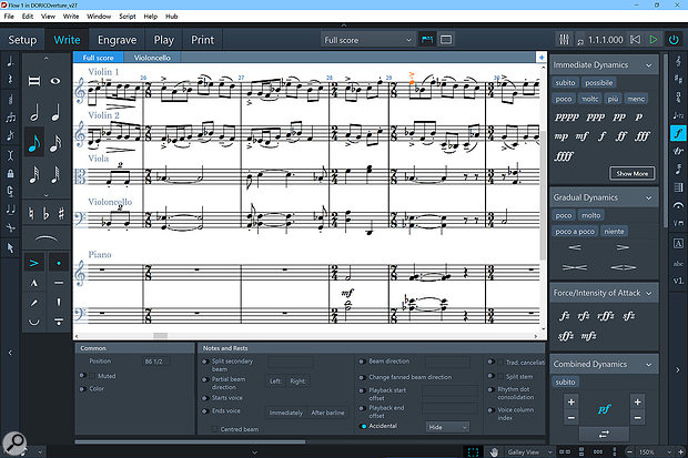 Write mode. The bottom Properties panel shows properties available to the selected note, which is shown in orange in the music area.