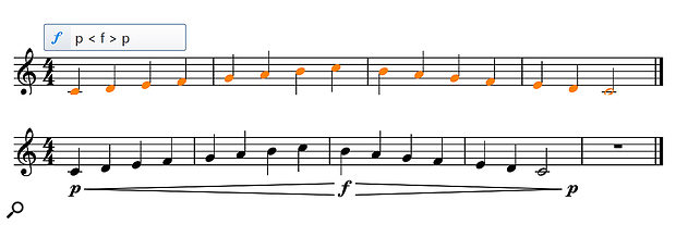 By selecting the notes and entering the text shown into the Dynamics pop-over (top), you get the result shown at the bottom.