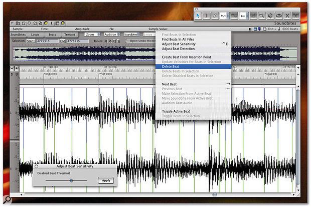 The Beat Detection Engine is one of DP 4.5's major new features. Audio files are analysed for their transient content and the resulting beats 'flagged'. Audio can then be time-stretched or compressed with minimal artifacts, quantised, and subject to a range of beat-driven editing functions. The Waveform Editor, shown here, is where you get to the heart of the Beat Detection process. 