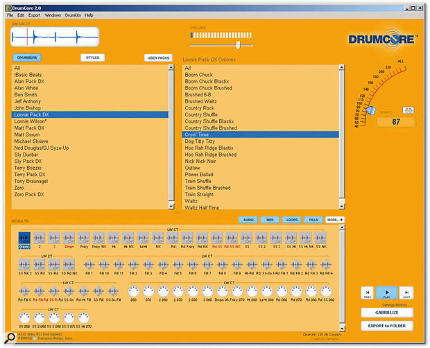 Drumcore's main window, with the two upper panes providing search criteria and the resulting audio and MIDI loops shown in the lower Results pane.