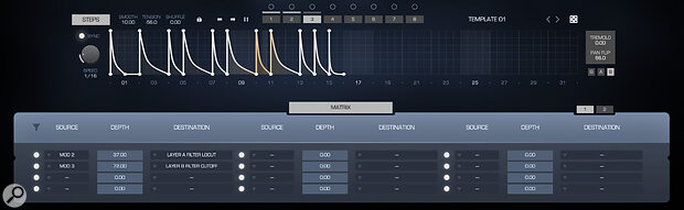 Tantra 2’s modulators can use curve/envelope patterns as well as step‑based patterns, and a full modulation matrix allows you to see your modulation routings at a glance.