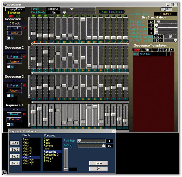 The Sequencer editing screen from the Poly Evolver's software editor/librarian. The values are depicted here as positions on graphical sliders (there's also a bar-graph display option). Below is the sequencer Functions window.