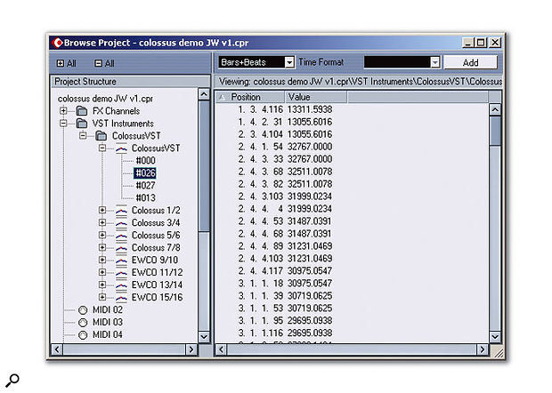 Automation data can also be edited via Cubase SX's Project Browser.