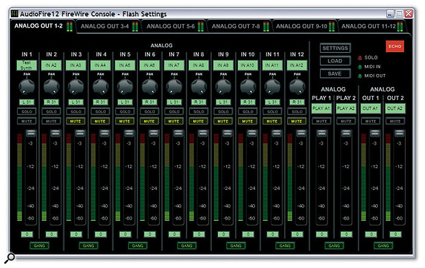 The Audiofire 12 Console utility is by far the smartest from Echo to date, and provides 14-in/two-out mixers for each stereo output so you can set up multiple complex monitor mixes.