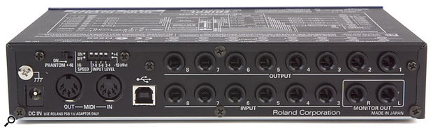 Each pair of the UA101's inputs can be switched between -10 and +4 sensitivity settings using a DIP switch on the rear panel.