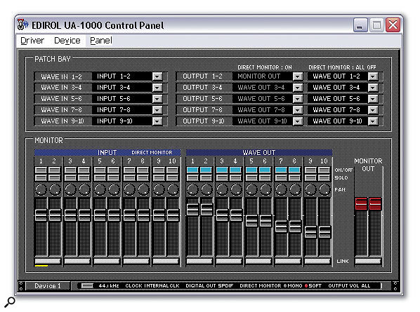 The Control Panel utility provides a comprehensive monitor mixer and both input and output patchbays. With the setup shown here, illuminating the front-panel Soft Ctrl switch selects the highlighted output routing for mastering purposes, while switching Soft Ctrl off reverts to the currently greyed-out output routing for monitoring inputs during recording. 