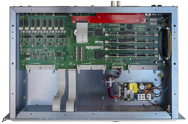 Inside the H9000: you can see that the four ARM processors are mounted vertically on daughter boards, which will allow the unit to be upgraded as more powerful processors become available.