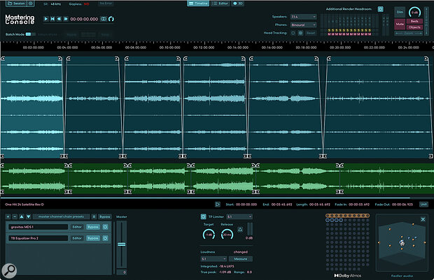 Screen 1: The main Timeline window. Note the support for working on multiple files, and for Atmos‑capable plug‑ins.