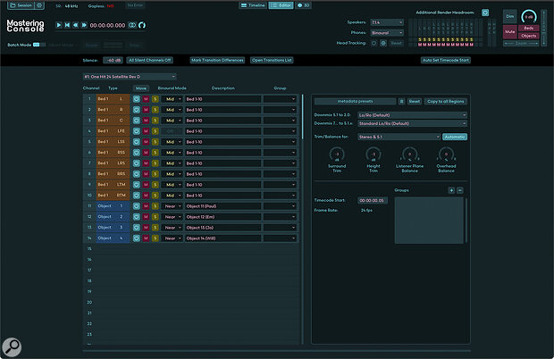 Screen 4: The Editor window, in which alternative binaural perspective settings can be applied to bed and object channels, and parameters for rendering ADM data for lower‑channel‑count playback systems can be tweaked.