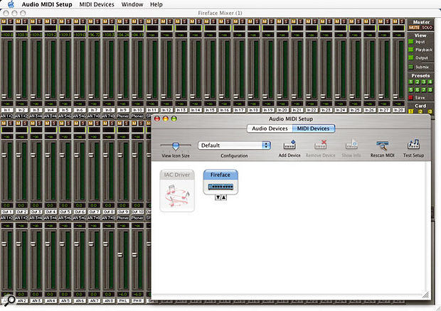 The Fireface is fully Mac OS X-compatible, and here you can see the Total Mix fader view in the background with OS X's Audio MIDI Setup utility showing the Fireface's MIDI ports in the foreground. 