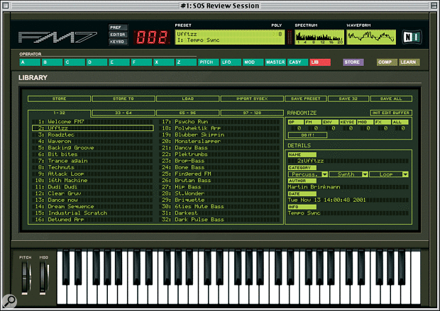 FM7's main screen, showing the Library window for loading and choosing Presets. The keyboard and/or central section can be 'folded' if desired. The green buttons select different editing pages.