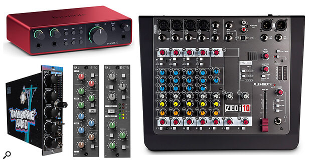 Clockwise from top left: Focusrite Scarlett 2i2 4th Gen, Allen & Heath ZEDi10, SSL E Series Dynamics Module, SSL E Series EQ Module, Cranborne Audio Brick Lane.