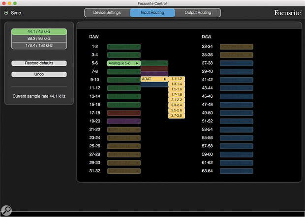 Input routing in the Focusrite Control software.