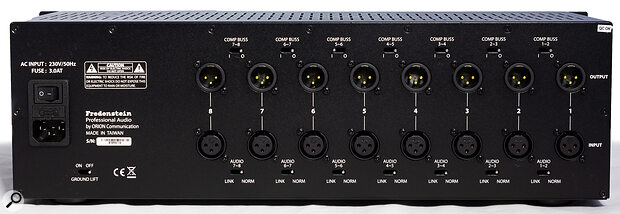 The rear of the Bento 8 Pro Rack: the rack works well, but unlike on some other Fredenstein racks, there are no auxiliary inputs, via which you can feed a signal the compressors’ external side‑chain inputs.