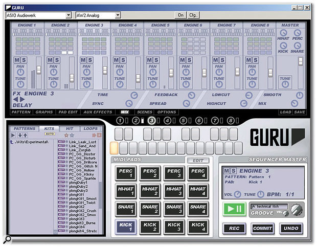 The Mix view is where you combine the outputs from Guru's eight Engines and apply effects to them, if you wish.