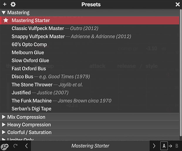 If you’re considering a sophisticated compressor like this you probably won’t be relying on presets, but there’s a good range of them here, and they can offer some insights about how to get the best out of this processor when you’re first learning to use it.