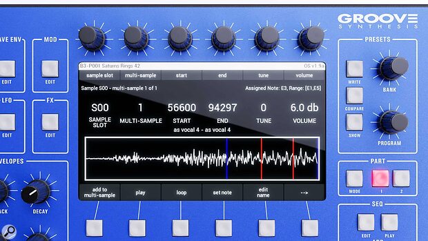 Groove Synthesis 8M desktop synth showing LCD screen.