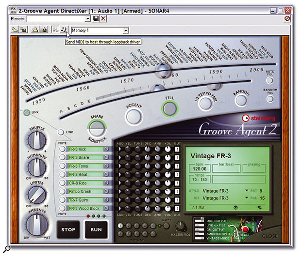 Here you can see the MIDI loopback option provides by Tonewise's DirectiXer, which makes it much easier to use Groove Agent 2 within Cakewalk's Sonar. The new 'Live < > File' option can also be seen under the Setup lid on the bottom right. This allows you to capture your performances as an external MIDI file, making Groove Agent 2 potentially compatible with a wider range of host applications. It still didn't work reliably under Logic, though!