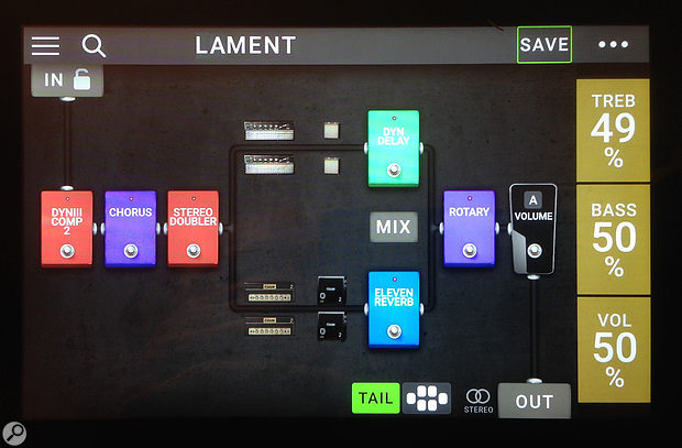 One of the semi-parallel signal chains, displayed on the Pedalboard’s touchscreen.