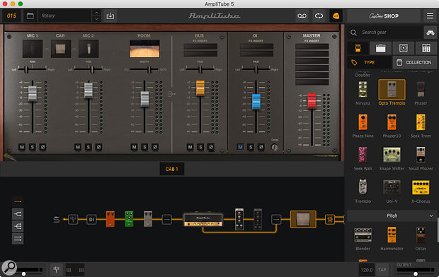 Each virtual cab’s mic and DI signals (taken from anywhere in the chain) can be balanced with a room sound, and the cabinet bus, DI and master bus channels can be processed using IK’s vast range of bundled effects.