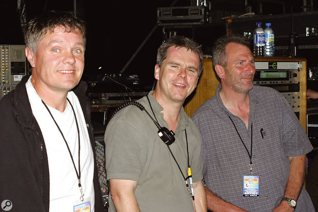 Pete Hughes, Canegreen's man in charge of special projects (centre), with two of his 11-strong PA crew, at 2004's Festival.