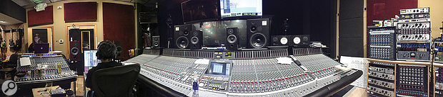 Hardwired... To Self-Destruct was mixed by Greg Fidelman on the main SSL desk at Metallica HQ. This panoramic shot shows the Neve sidecar on the left and some of the studio’s extensive collection of outboard on the right.