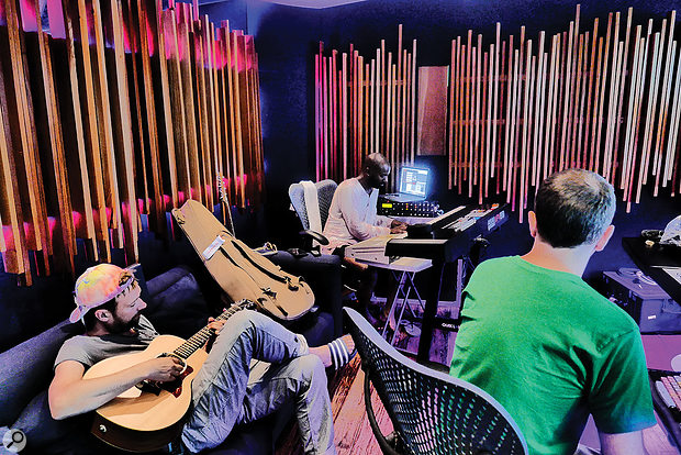 Damon Albarn, Anthony Khan and Stephen Sedgwick at GeeJam Studios, Jamaica.