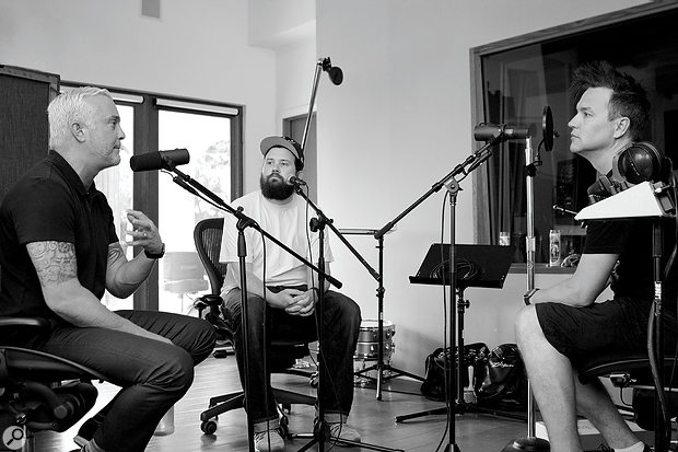 John Feldmann (left) in the Foxy Studios live room, with James M Ingram and Mark Hoppus, recording a podcast for Mark’s clothing company.