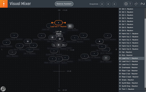 For those new to the mixing process, the Visual Mixer provides a very appealing way to approach initial level and pan settings for the tracks within your mix.