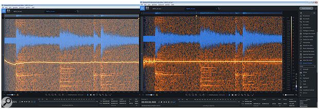 Wow & Flutter feature, with ‘display’ lines in place. The left screen shows the source before correction. The right‑hand screen shows the result.