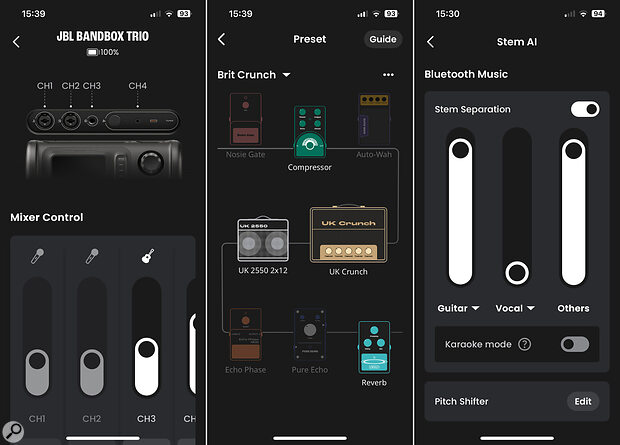 The JBL One app lets you control a BandBox remotely from your phone via Bluetooth. Pictured are the mixer, guitar rig and stem separation pages.