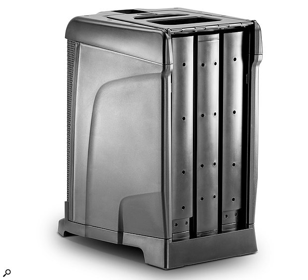 For transport and storage, the top speaker and two extending columns can be stashed away in the back of the subwoofer enclosure.