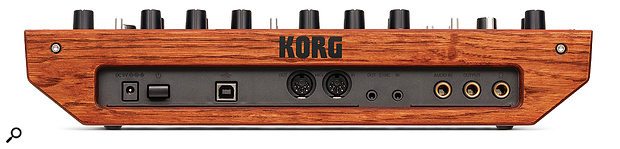 The Monologue’s wooden behind contains a socket for the optional power supply, a  USB port, MIDI I/O ports, 3.5mm sync in and out sockets and, all on quarter-inch jacks, audio in, audio out and headphone sockets.