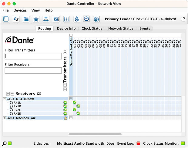 The headphone amp’s appearance in Dante Virtual Soundcard.